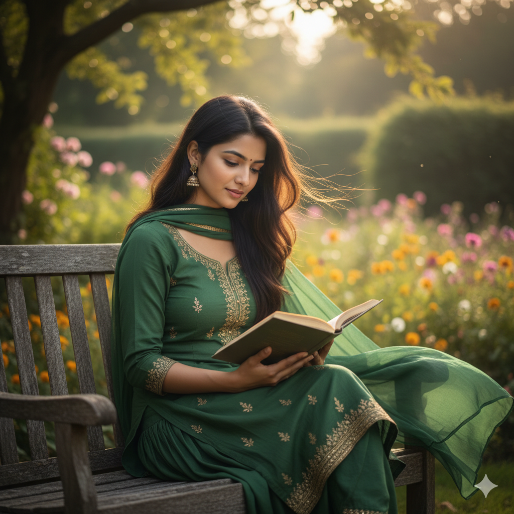 Cute Indian Girl Green Suit Look – Gemini AI Photo Prompt Copy Paste for Instagram Reels