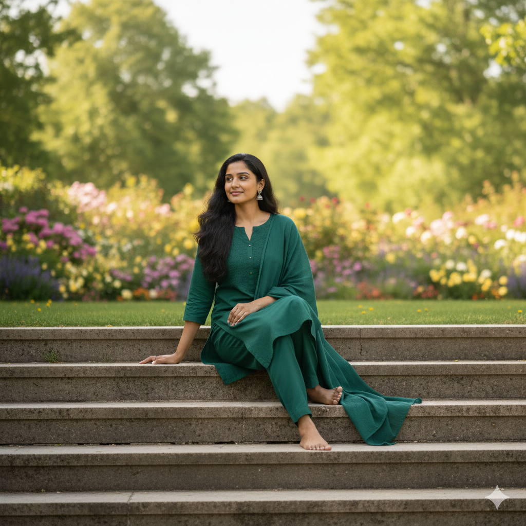 Cute Indian Girl Green Suit Look – Gemini AI Photo Prompt Copy Paste for Instagram Reels