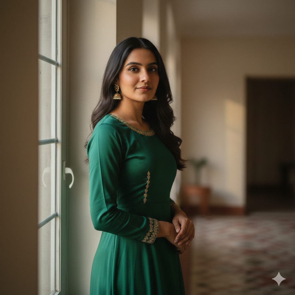 Gemini AI Photo Prompt Copy Paste for Indian Cutie Girl Wearing Green Suit – Ultra Realistic 4K Portrait