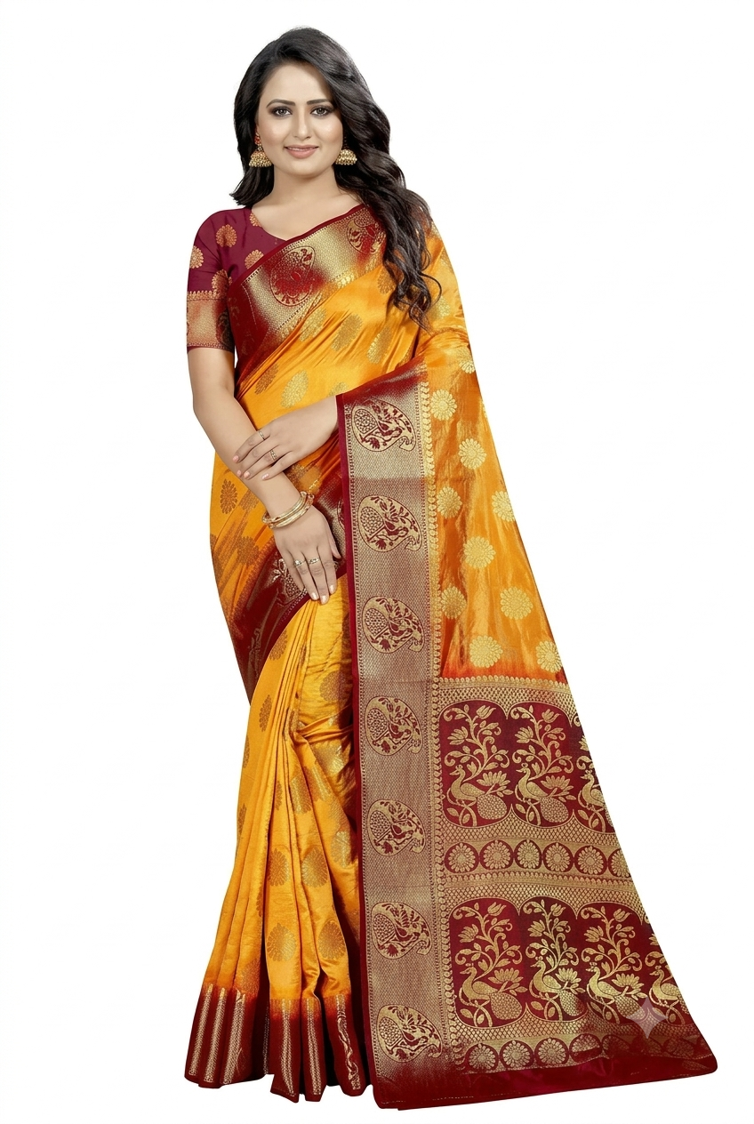 Trendy jacquard saree with unstitched blouse